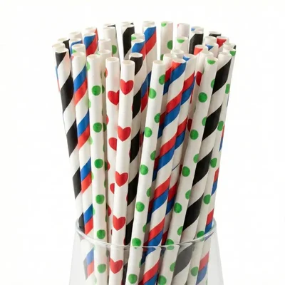 HORECA Pack of 500 Multicolor Assorted Eco-Friendly Compostable Non-Bendable Disposable Drinking Paper Straws (Size-6 mm)
