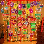 Pack of 3, Multicolor 1st Diwali Party Decor Kit of 30 Pcs, Backdrop Banner Photo Props Swirls Light