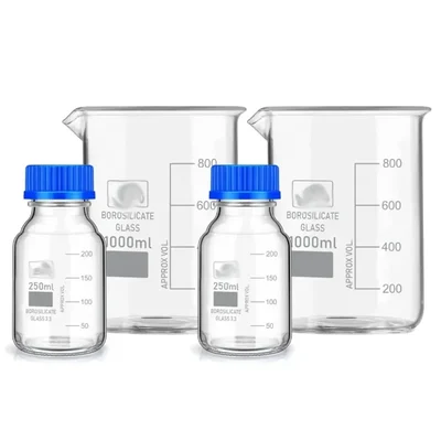 SBT Instruments Borosilicate Glass Beaker 1000ml x 2pcs & 250ml x 2pcs Reagent Bottle with Leak Proof Blue Screw Cap