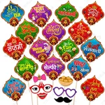 Pack of 3, 9, 18, Navratri Hindi Photo Booth Props Kit Pre-Assembled Wooden Sticks Festive Party Decor, 22 Pcs in a Pack