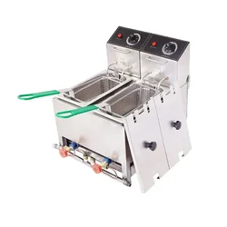 Commercial Stainless Steel 5+5L Electric and Gas Operated Double Pan Deep Fryer With Lid, 3000W