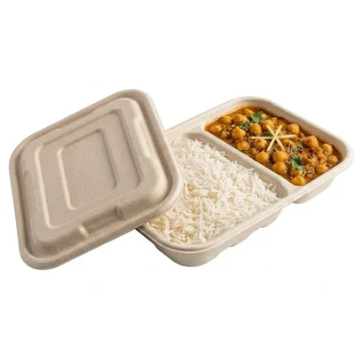 750ml, 2 Compartment Bagasse Anti-leak Rectangular Container With Lid for Food Delivery, Take Away Meals(Pack-25 Pcs)