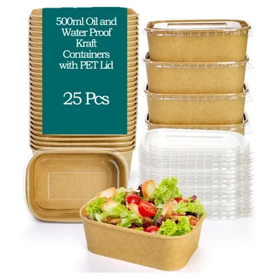 500ml Oil and Water Proof Kraft Containers with PET Lid for Food Takeaway(Pack-25 pcs)