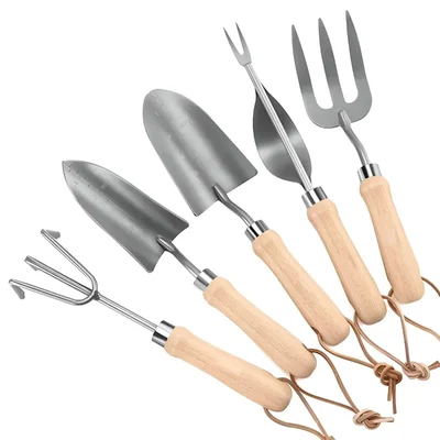 OUTO 5 Pcs Stainless Steel Garden Tools Set (2 Pcs Hand Transplant Shovel, Rake Cultivator, Shovel and Hand Weeder)
