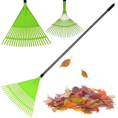 OUTO Telescopic Rake Set Adjustable Garden Broom (46 to 61 inches) Long Handle with 3 Heads for Lawn Yard Leaf Cleaner