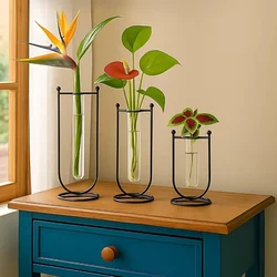 Ecofynd Glass Test Tube Hydroponics Planter with Metal Frame Stand For Living Room Decor(Set of 3, Black)