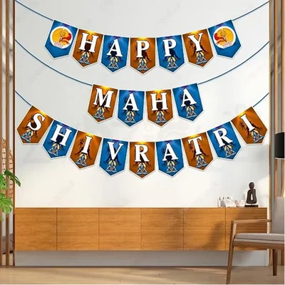 Maha Shivratri Paper Banner,Blue and Orange Bunting For Puja Decoration(Pack of 5)