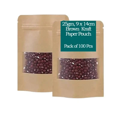 25gm, 9 x 14cm Brown Reusable Kraft Paper Storage Pouch with Transparent Window for Micro Spices, Seeds & Salts(Pack-100)