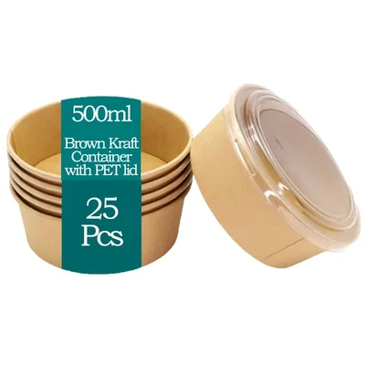 500ml, Brown Kraft Paper Tubs with Transparent PET Lid(Pack-25 pcs)