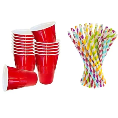 Combo of 50 pcs 450ml Drinking Party Cups and 8 inch Paper Straws