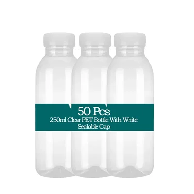 50 pcs, 250ml Clear PET  Bottle With White Sealable Cap for Smoothie, Milk, Juice Packaging