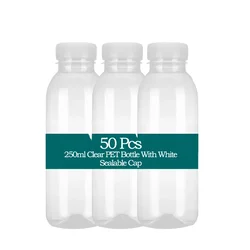 50 pcs, 250ml Clear PET  Bottle With White Sealable Cap for Smoothie, Milk, Juice Packaging
