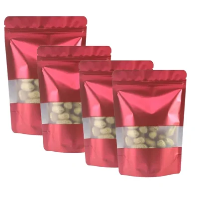 1Kg, 20x30 cm Red Color Reusable Pet+Poly Stand Up Pouches With Transparent Window(Pack-50 Pcs)