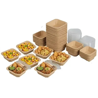 750ml Disposable Square Kraft Paper Food Container with Lid, 150x150x55mm Fast Food Container for Picnic, Food Truck(Pack-500 pcs)