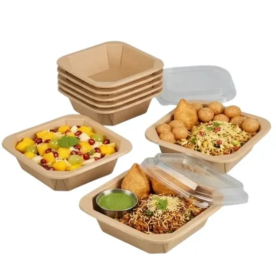 300ml Disposable Square Kraft Paper Food Container with Lid, 125x125x36mm Fast Food Container for Picnic, Food Truck(Pack-500 pcs)