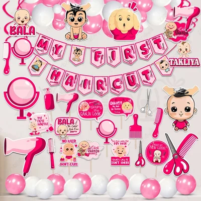 Pack of 3| 54 Pcs Pink Themed Baby's First Hair Cut Mundan Ceremony Decoration Kit