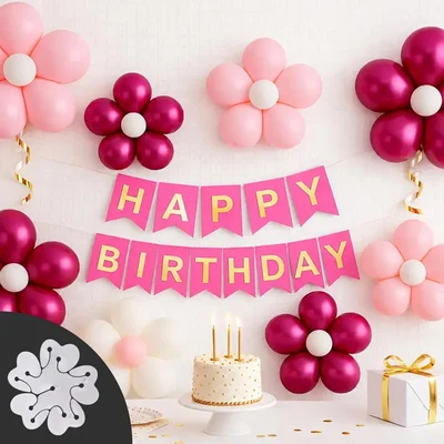 Pack of 4, Pink Metallic Chrome Balloons Set with Flower Clips Happy Birthday Banner Party Decor