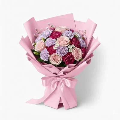 Pack of 2 (40 Sheets) Pink Solid Korean Gift Wrap | Waterproof Checked Bouquet Paper + 3 Pull Bows