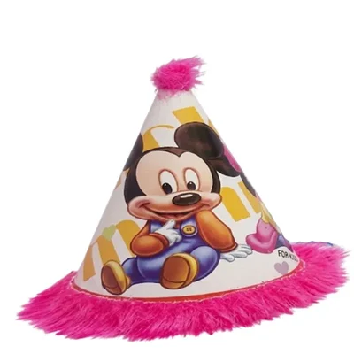 Pack of 500 Pcs (50 Packs x 10) Pink Mickey Mouse Themed Fur Birthday Caps for Party Celebration with Elastic Strap