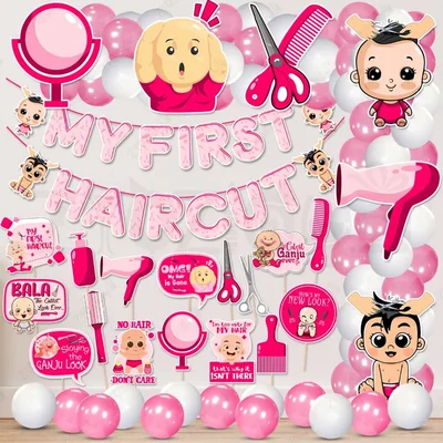 Pack Of 3 | 48 Pcs Pink Mundan Decoration Kit Paper Banner Balloons Cutouts Photo Props