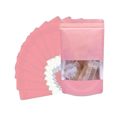 500gm, 16 x 23 cm 112 Micron Matt Pink Finish Ziplock Pouch with Transparent Window for Food Packaging (Pack-50 Pcs )