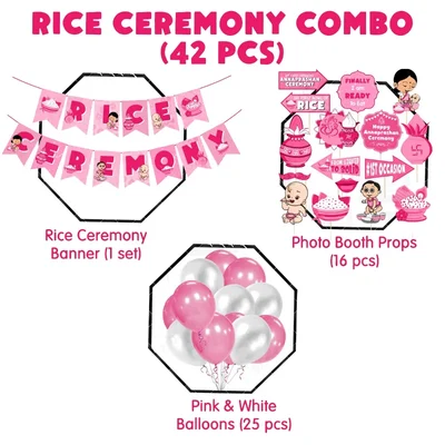 Pack of 3, 42 Pcs Pink White Rice Ceremony Backdrop Decor Kit Shubh Annaprashan Banner Balloons Props(Pack-3 Pcs)