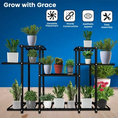 Heavy Duty 4-Tier Metal Pots Stand, Elegant & Decorative Floor-Mounted Plant Holder, Rust Free For Indoor & Outdoor(Color-Black)