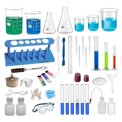 Cometek Chemistry Lab 44 Items Kit Borosilicate Glass & Plastic Beakers, Conical Flasks, Measuring Cylinders, Test Tubes
