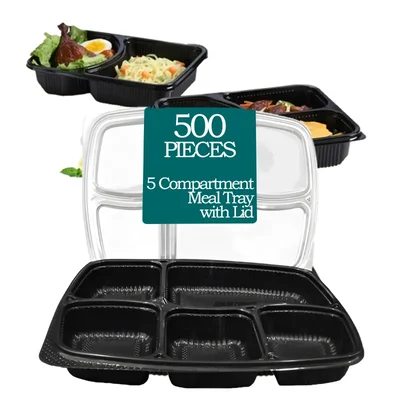 5 Compartment 250 Micron PP Meal Tray With Black Bottom and Clear Lid(Pack-500)