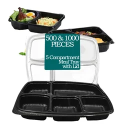 5 Compartment 250 Micron PP Meal Tray With Black Bottom and Clear Lid(Pack-500)