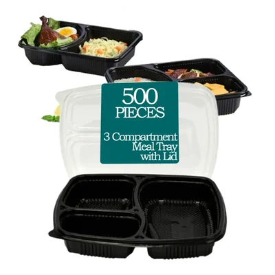 3 Compartment 250 Micron PP Meal Tray With Black Bottom and Clear Lid(Pack-500)