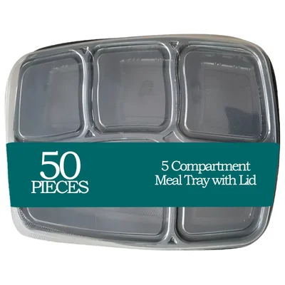 5 Compartment 250 Micron Plastic Meal Tray with Lid for Indoor and Outdoor Events(Pack-50 Pcs)