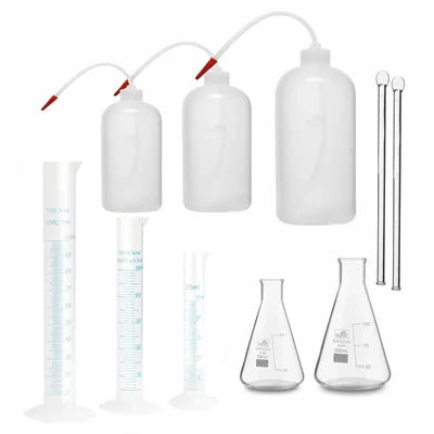 VVS Plastic Cylinder 25ml 50ml 100ml, Wash Bottle 250ml 500ml 1000ml & Conical flask 50ml 100ml 8 inch rod 2 pcs lab kit