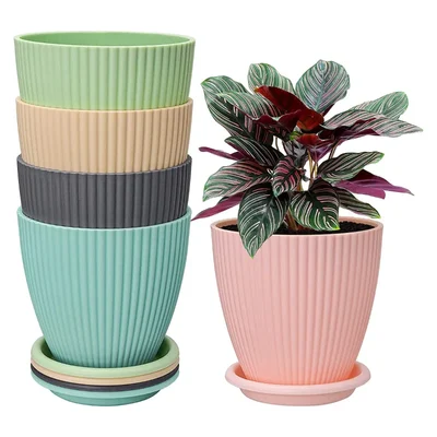 Multicolor Plastic Round Flower Pot with Tray for Home Indoor & Outdoor Gardening Set of 5