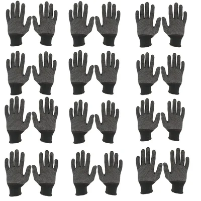 Delight 12 Pair Black Colour 13 Gauge Large Size Polyester PVC Dotted Gloves (MPKD13-62)(BLK)