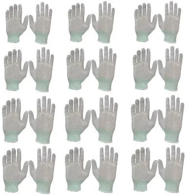Delight 12 Pair White Colour 13 Gauge Large Size Polyester PVC Dotted Gloves (MPKD13-62)