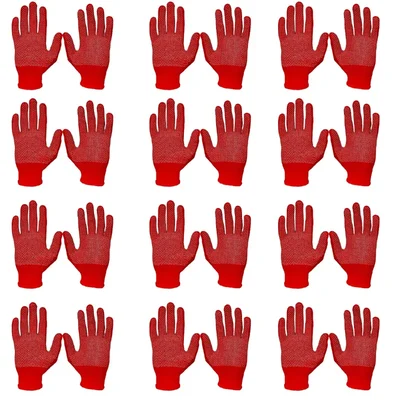 Delight 12 Pair Red Colour 13 Gauge Large Size Polyester PVC Dotted Gloves (MPKD13-62)(R)
