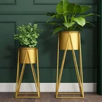 Elated Premium Quality Gold Flower Pot with Stand Set of Tall & Short Iron Planter Holder Plant Container (Pack of 2, Metal)