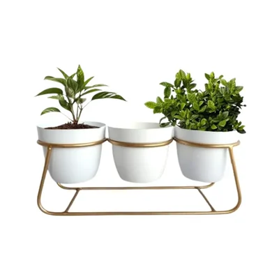 Ecofynd 5 Inch White Metal Planter 3 Pot Set with Stand Modern Style Planter Set for Home Decoration