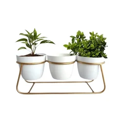 Ecofynd 5 Inch White Metal Planter 3 Pot Set with Stand Modern Style Planter Set for Home Decoration