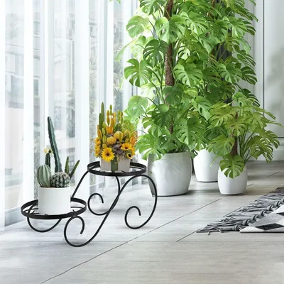 Heavy Duty 2-Tier Plant Stand, Metal Flower Pot Holder, Car Shaped For Home, Garden, Balcony & Office