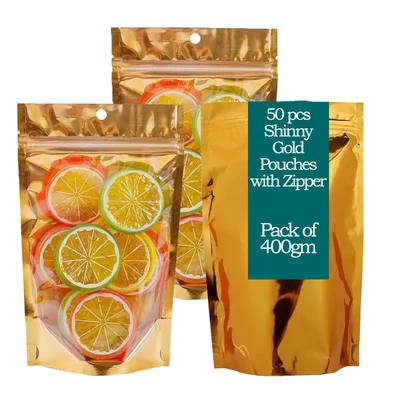 POCHEON® 50 Pcs Shinny Gold Large Pouches with Zipper for Cereals, Pulses, Dry fruits, Coffee-beans(Capacity-400 gm)