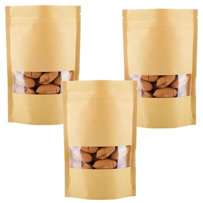 2500 Pcs, 100gm, 10cm x17cm Kraft Paper Standup Pouch with Transparent Window for Food Storage and Packaging