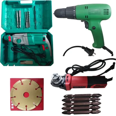 Combo Set of 5 Pcs (Screwdriver Drill, Angle Grinder, Rotary Hammer Drill, Screwdriver Bit & Marble Cutting Blade) for Electrician