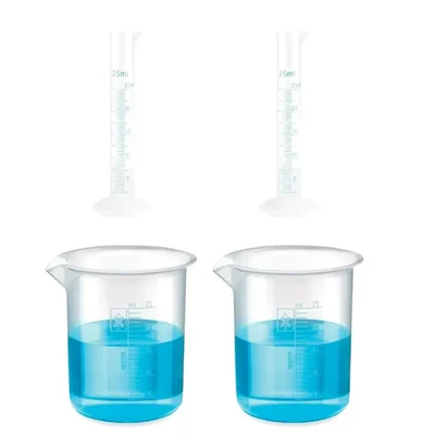 SBT Measuring Cylinders 2pcs x 25ml & Beakers 2pcs x 25ml with Blue Printed Graduation Marks, Polypropylene Material