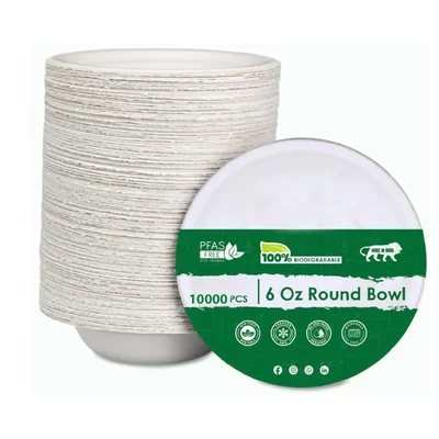 10000 Pcs, 6 Oz (180ml) Premium Bagasse Round Bowl For Food Packaging and Takeaway
