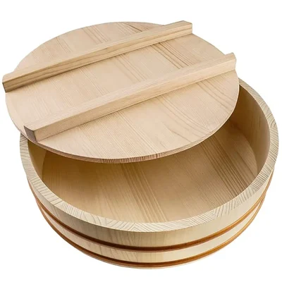 Premium Quality 12" Wooden Hangiri Sushi Oke Rice Mixing Tub with Lid - Moisture Absorbing Cypress Style