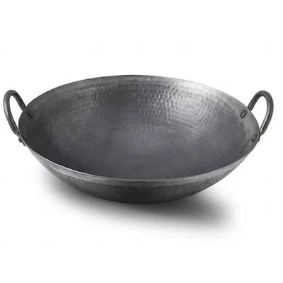 Premium Quality 45cm Chinese Black Steel Wok Heavy Duty Double Handle Commercial Stir Fry Pan Round Bottom
