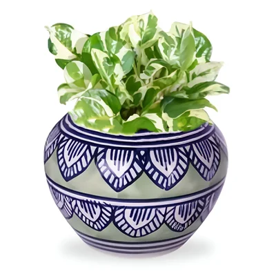 Ecofynd Designer Ceramic Planter Pot with Printed Leaf-like Motifs | Used for Home and Garden Decoration 