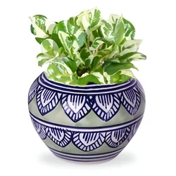 Ecofynd Designer Ceramic Planter Pot with Printed Leaf-like Motifs | Used for Home and Garden Decoration 